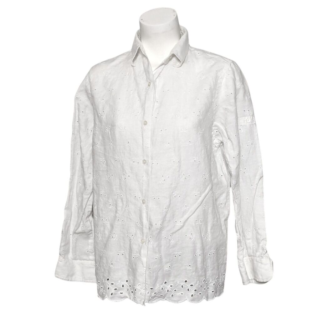 Lauren Ralph Lauren Size Large White LINEN EYELET Button Up Shirt Beach Coastal